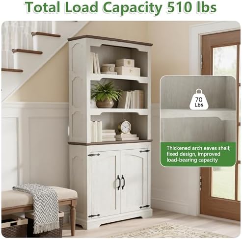 70'' Farmhouse White Bookcase Bookshelf, 5-Tier Bookcase with Doors S...