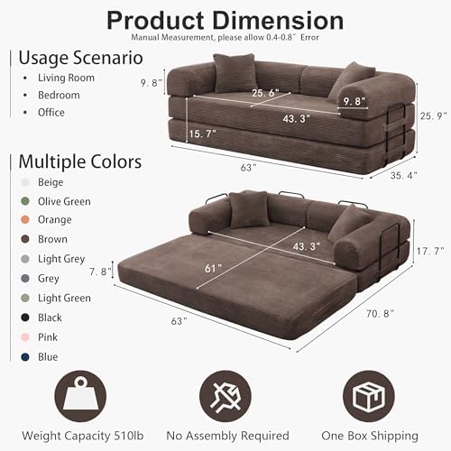 JJJ 63 inch Sofa Bed Sleeper Couch | Versatile Futon Sofa, Corduroy Fabric, C...