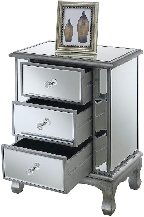 Furnifact Glam Mirrored End Table with 3 Drawers, Small Accent Nightstand for...