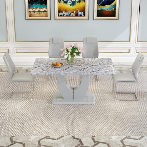 63" Faux Marble Dining Table Set for 4, 5-Piece Rectangular Kitchen Tabl...