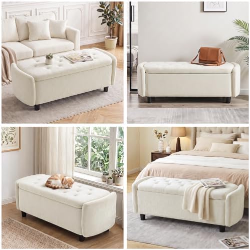 Furniliving 46.5‘’ Chenille Storage Bench, Button-Tufted Upholstered Storage ...