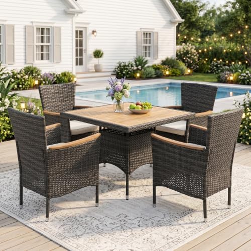 Wisteria Lane Rattan Patio Table and Chairs Set with Acacia Wood Tabletop