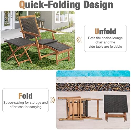 RELAX4LIFE Patio Lounge Chair Set - Outdoor Acacia Wood Chaise Lounge w/Side ...