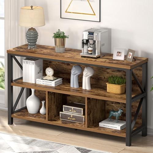 EXCEFUR 47 Inch Rustic Brown Horizontal Bookshelf, Modern Industrial Wood &am...