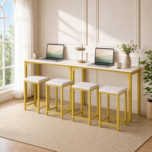 COSTWAY Dining Table Set, Counter Height Table & 2 Upholstered Stools