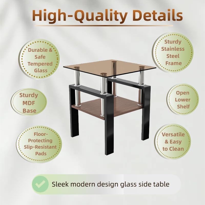 Glass Side Table Set of 2, Small 2-Tier End Table with Tempered Glass Top and...