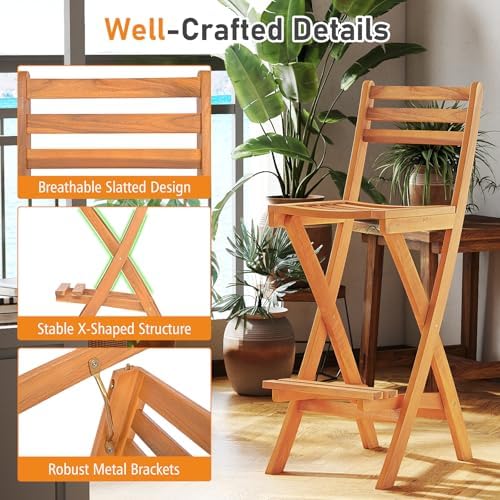 Tangkula Patio Folding Barstool, Outdoor Portable High Top Acacia Wood Bar He...