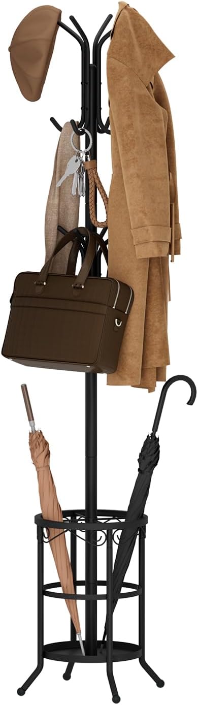Coat Rack Freestanding with Umbrella Holder – Metal Hanger Stand, Hall Tree w...