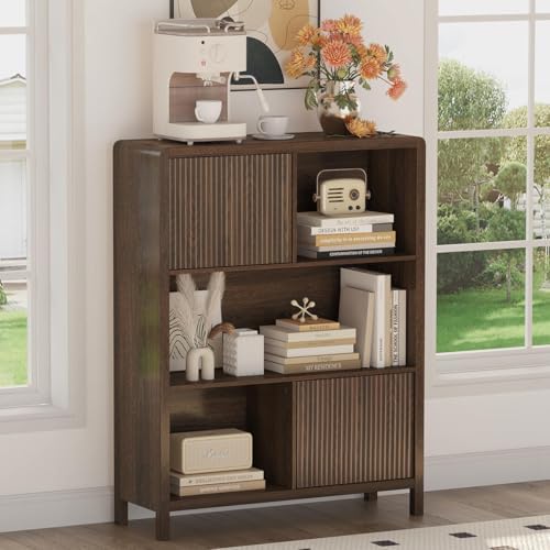 FATORRI Bookshelf with 2 Fluted Wooden Doors, Farmhouse Modern Accent Bookcas...