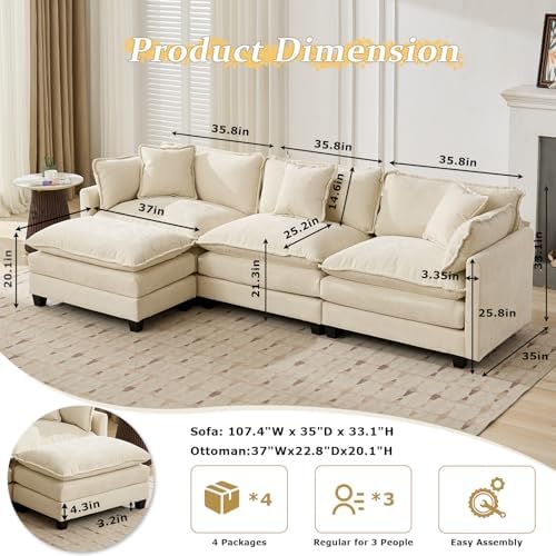 SoarFlash 113.78" Chenille L Shaped Modular Sofa with Ottoman,Beige