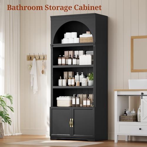 81.2"Tall Arched Cabinet,Bookcase with storage,Mid-Century Modern 6-Tier...