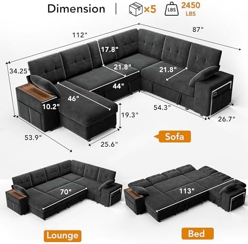 Vipbear 7 Seat Modular Sectional Sleeper Sofa with Pull Out Bed, L-Shaped Cou...