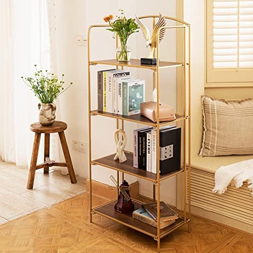 Crofy 4-Tier Foldable Bookshelf, Gold Frame & Walnut Shelves