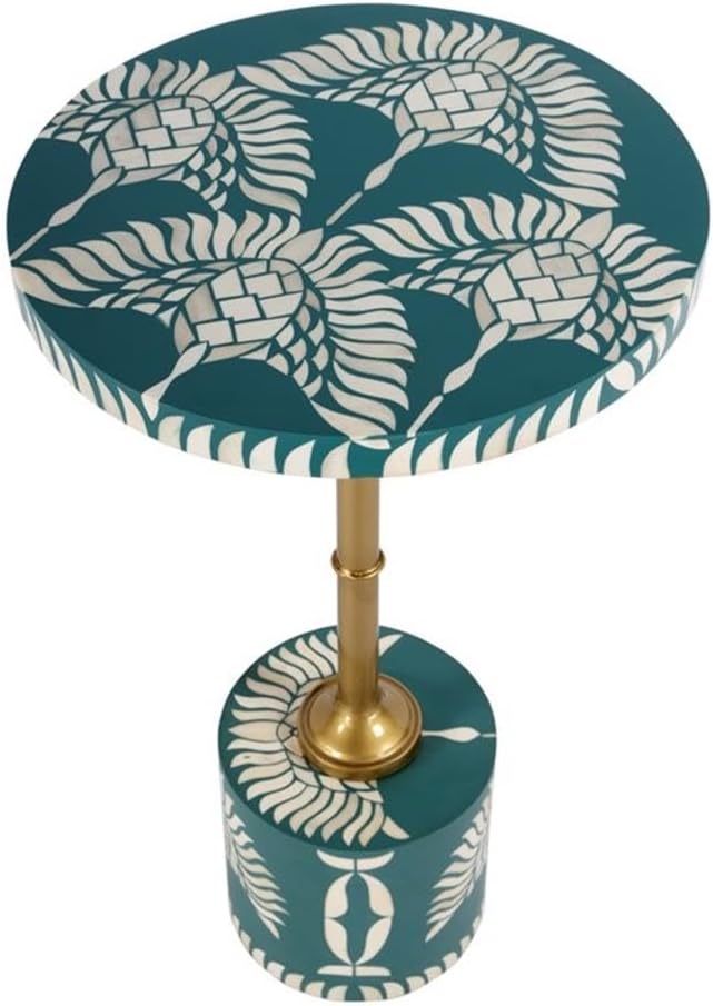 Pemberly Row Set of 2 14" Round Bone Inlay Iron Side Tables in Teal/Gold