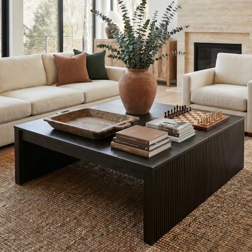 LITTLE TREE 39.4" Square Fluted Coffee Table, Mid-Century Modern Black C...