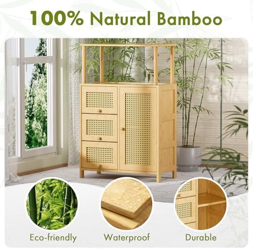 Amazer Sideboard Buffet Cabinet with Storage, Bamboo Storage Cabinets, Rattan...