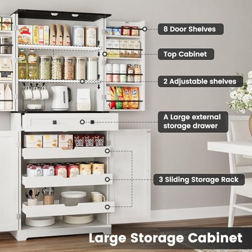 ELYKEN 72" Kitchen Pantry Storage Cabinet with Drawer, 3 Pull Out Shelve...