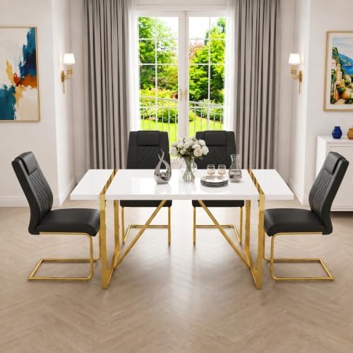 55‘’ Modern Dining Table Set for 4, White Dining Tabletop and Golden Metal Fr...