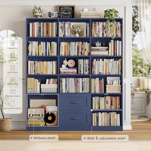 HOSTACK 71" Tall Triple Wide Bookshelf with Storage Drawers & Doors,...