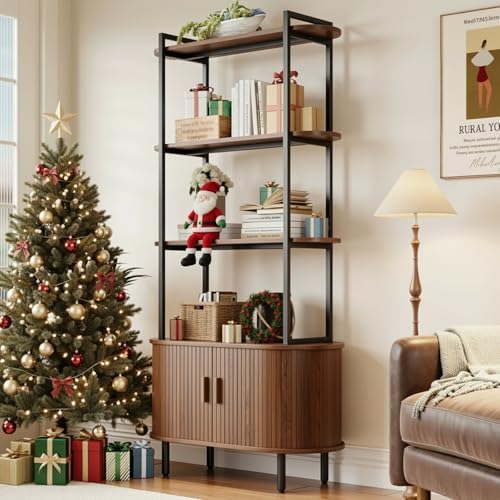 ComfyCorner 4 Tier Bookshelf with Cabinet, 71" Tall Display Bookcase Walnut