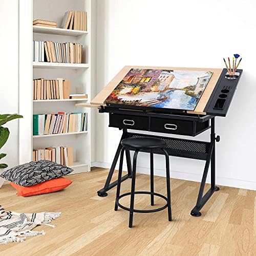 JupiterForce Drafting Table Art Desk with 2 Storage Drawers, Height Adjustabl...