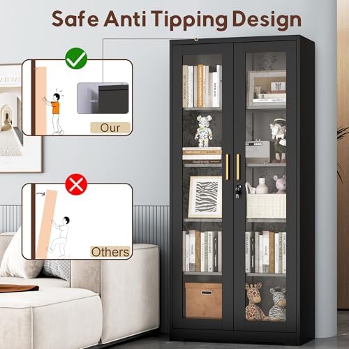 UNICOLY Lockable Display Cabinet with Glass Doors and 4 Adjustable Shelves