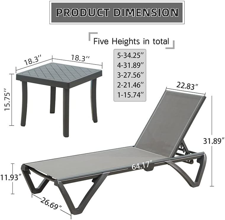 Domi Pool Lounge Chairs, Aluminum Patio Chaise Lounge with Side Table, 5 Posi...