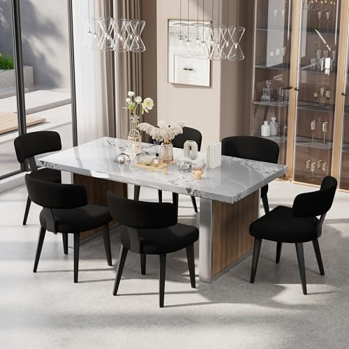 Boucle Chairs Set of 6, Modern Black Upholstered Dining Chairs with Black Met...