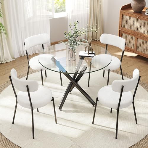 Black Round Glass Dining Table Set for 4, 36'' Small Modern Kitchen T...