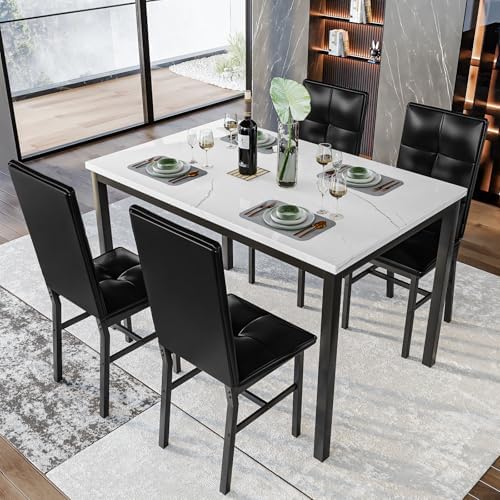 Hooseng Dining Table Set for 4, Faux Marble Small Kitchen Table with 4 PU Lea...
