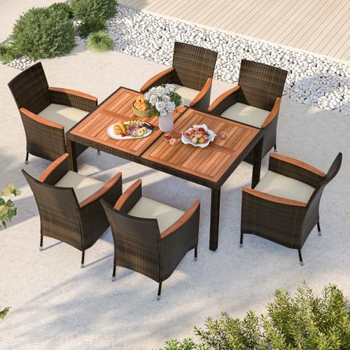 HAPPYGRILL 7 Pieces Rattan Wicker Patio Dining Set, Outdoor Dining Set with C...