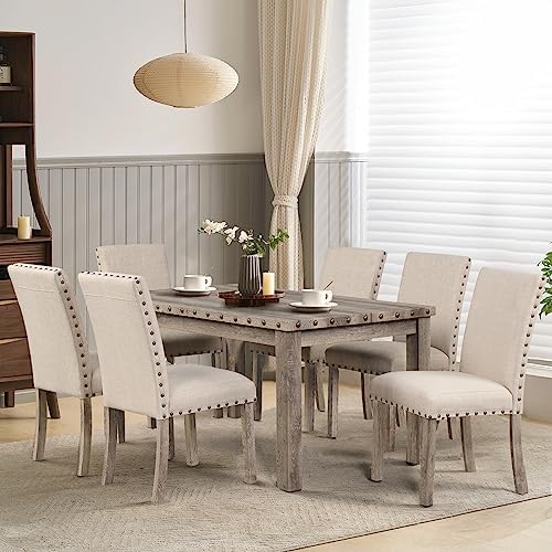 Modern Fort 7-Piece Farmhouse Dining Table Set for 6, 60" Rectangular Wo...