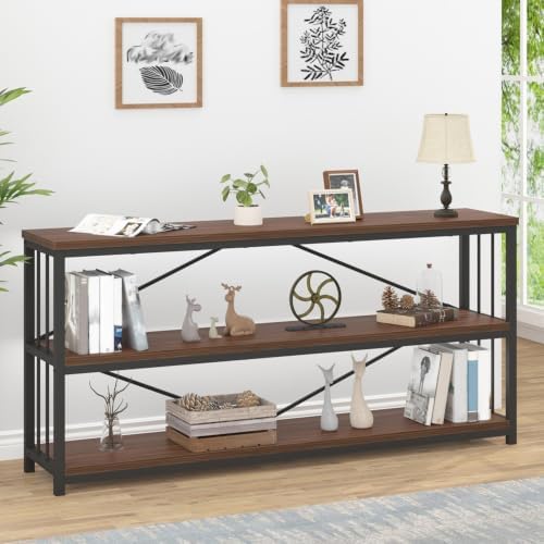 IBF Walnut Low Wide Bookcase, Vintage 63 Inch Long 3 Tier Open Book Shelf