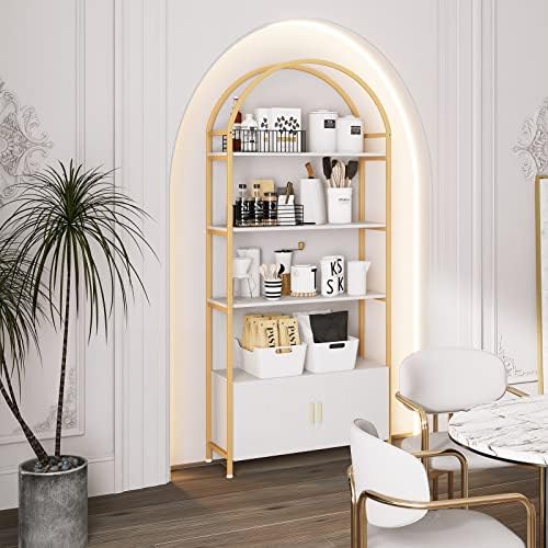 Jehiatek Gold Bookshelf, Arched Bookcase with Doors Storage, 71" Tall In...