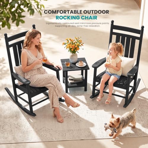 SERWALL Comfortable Outdoor Rocking Chairs Set of 3, Black