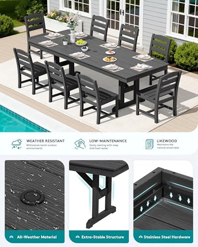 SERWALL 9Pcs 84" HDPE Outdoor Dining Set for 8 with Armless Chairs,Black