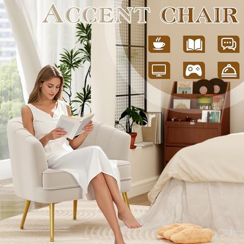 Andeworld Velvet Accent Chair, Barrel Armchair, Beige