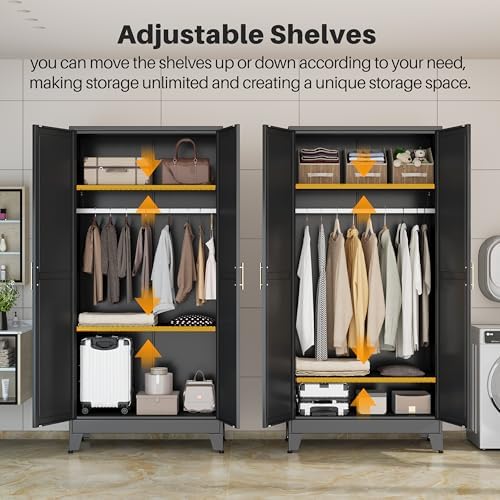 Metal Armoire Wardrobe Closet, 71" Clothing Storage Cabinet with Mirror