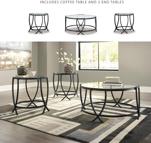 Signature Design by Ashley 3-Piece Glass Top Round Coffee Table Set, Black