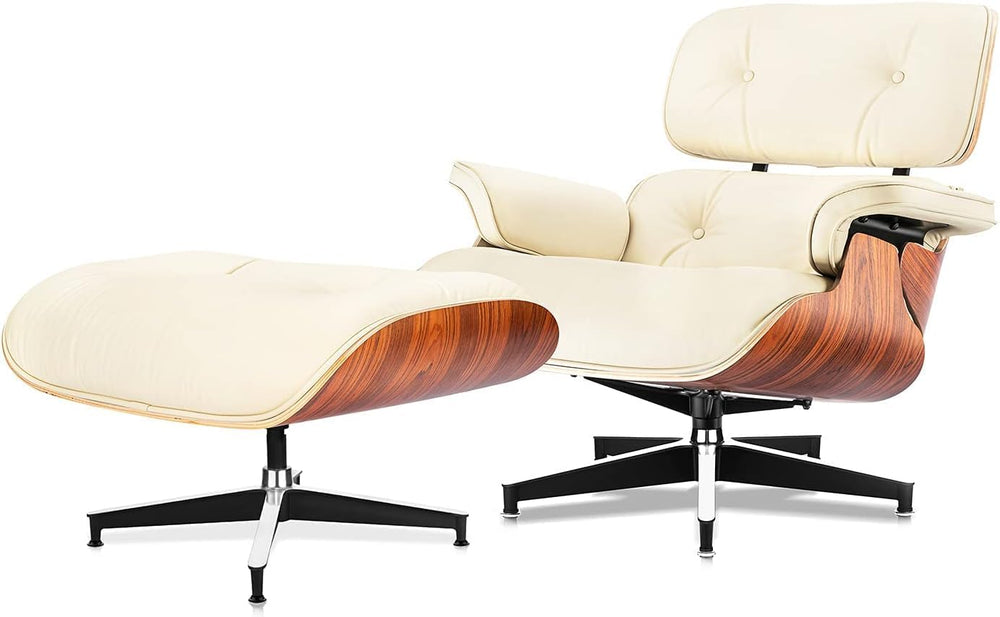 Top Cream White Grain Leather, Mid Century Chaise Lounge Chair and Ottoman, M...