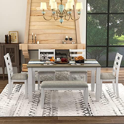 LUMISOL Farmhouse 6 Piece Dining Table Set with Bench, Brown+Whitewash
