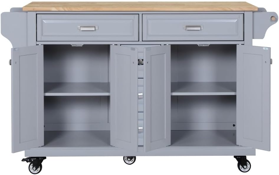 Kitchen Island with Rubberwood Top, 5 Drawers, Cabinet and Wheels, Grey | Rol...