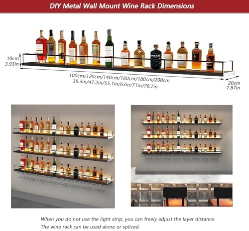 Metal Wall Mounted Wine Rack with LED Light, 3 Tiers Liquor Bottles Floating ...