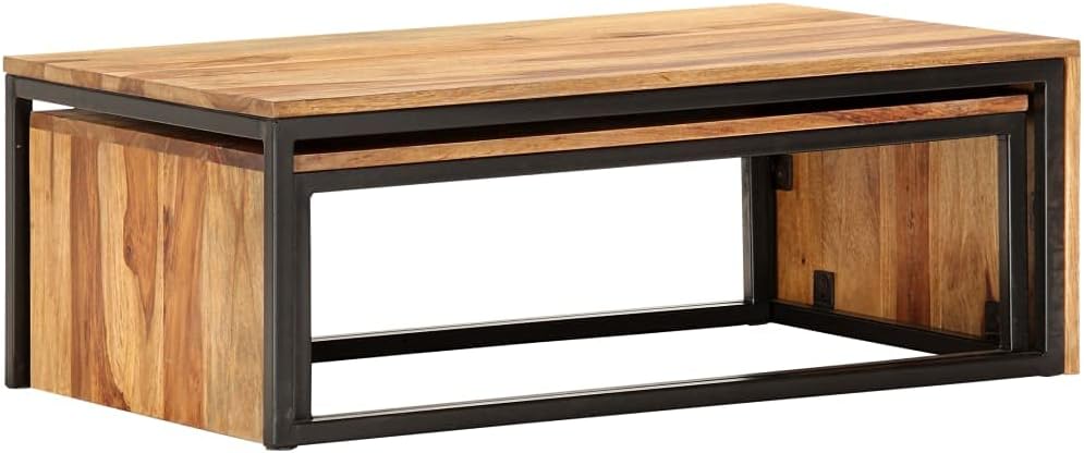 Nesting Tables 2 pcs Solid Acacia Wood | Powder Coated Steel Frame, Stackable...