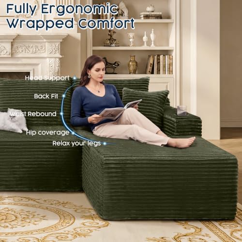 Green 134 Inch U-Shaped Modular Sectional Sofa, Corduroy Cloud Couch with Dua...