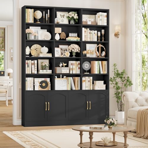 FACBOTALL 82.3" Triple Wide Bookshelf, Tall Bookcase with 4 Doors, Black