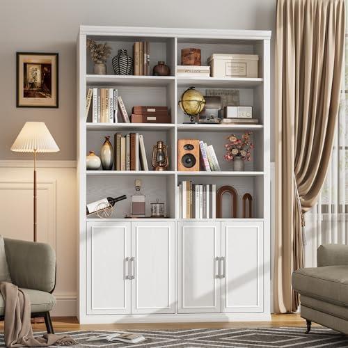 Rresyet 42" W Double Bookcase and Bookshelf with Doors, White