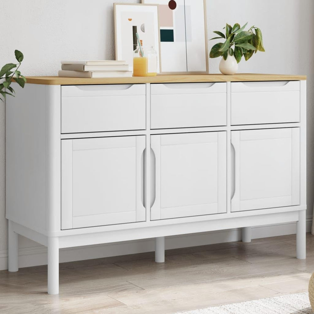 White Solid Pine Wood Sideboard with Drawers and Doors, Modern Engineered Woo...