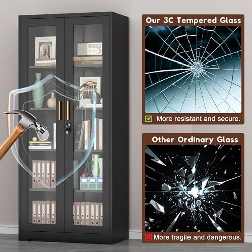 UNICOLY Lockable Display Cabinet with Glass Doors and 4 Adjustable Shelves