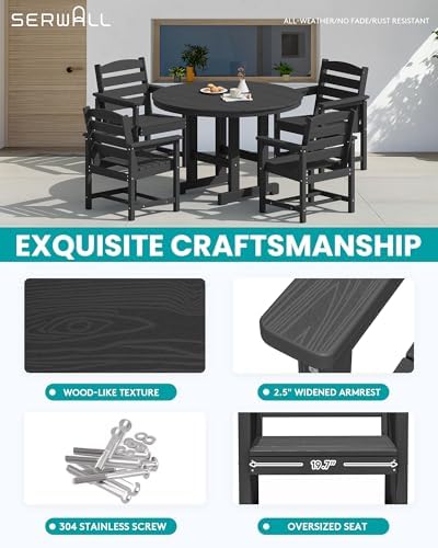 SERWALL 5-Piece HDPE Round Dining Set, 45" Table, 4 Chairs, Black
